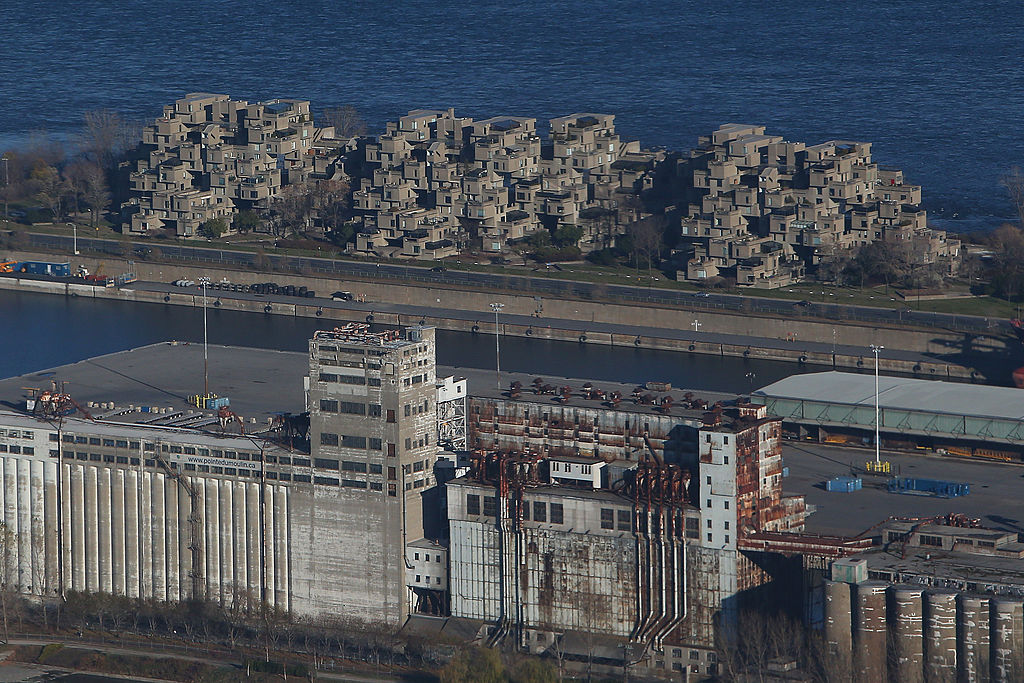 MONTREAL, QC - NOVEMBER 18: An aerial view of the Habitat 67 housing complex and Silo No. 5 are seen from above on November 18, 2012 in Montreal, Quebec. (Photo by Tom Szczerbowski/Getty Images)