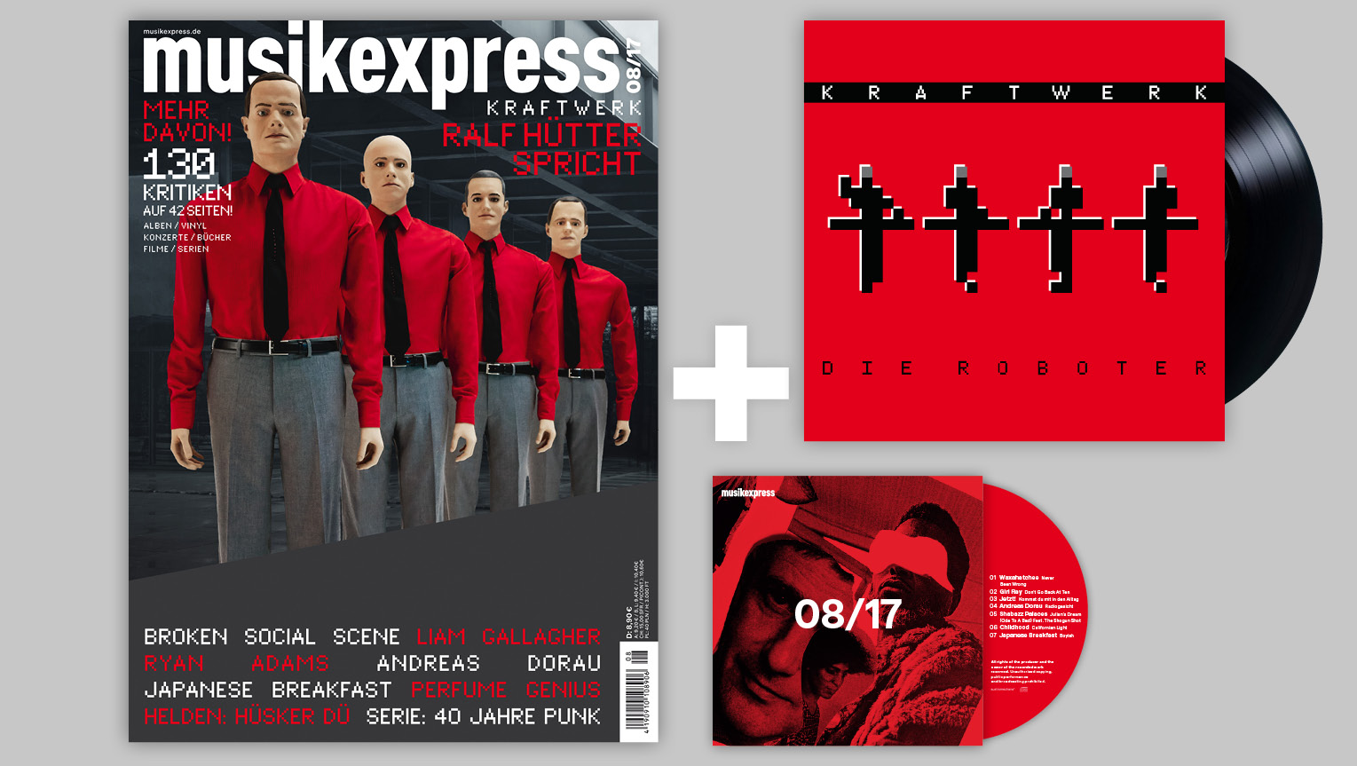 Was für ein Paket: Der Musikexpress 08/2017 mit Kraftwerk-Vinyl sowie mit CD