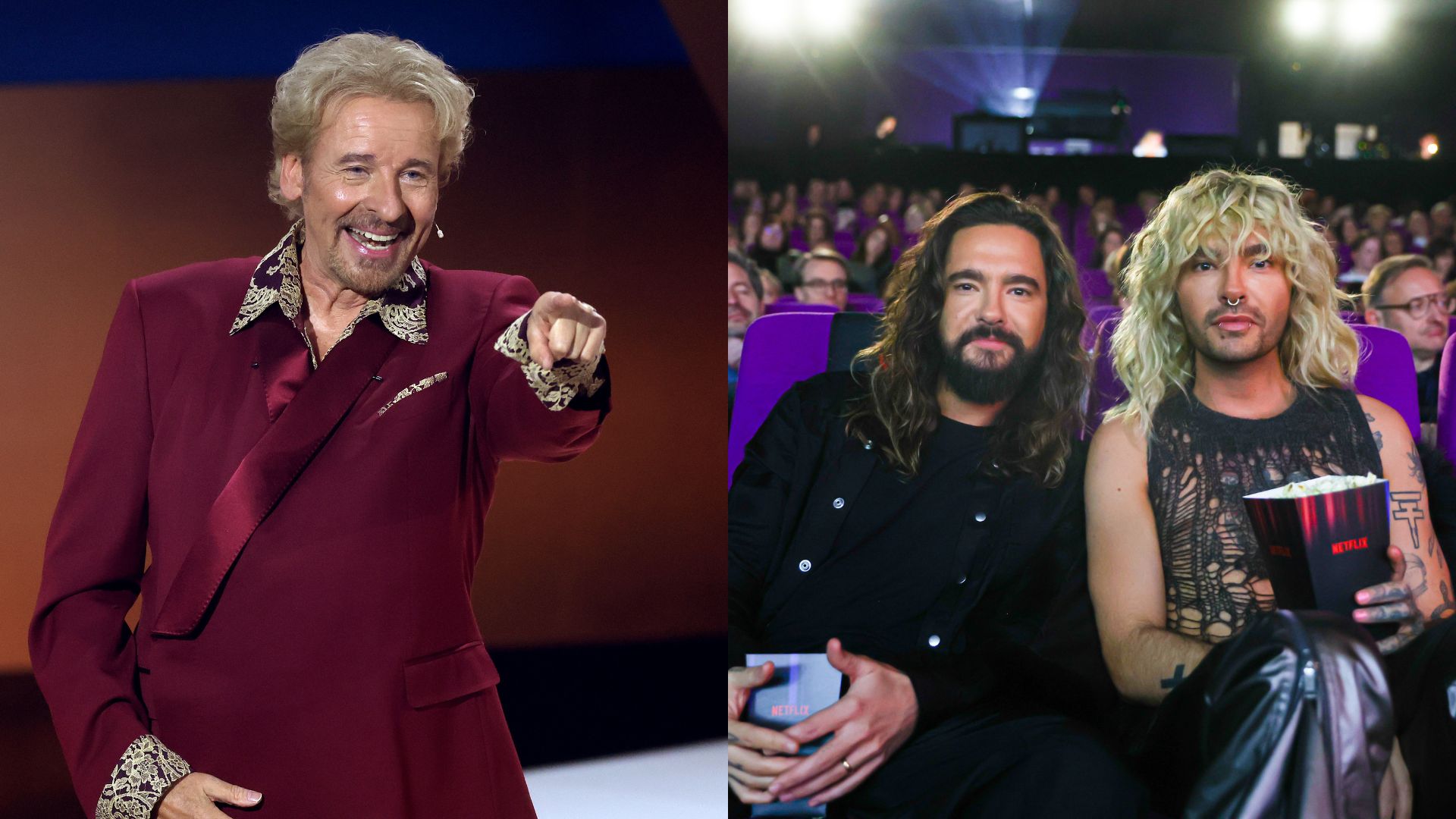 Links: Thomas Gottschalk spricht auf der Bühne während der Fernsehshow „Wetten, Dass ...?“ am 25. November 2023 in Offenburg, Deutschland; Rechts: Tom Kaulitz und Bill Kaulitz nehmen an der Veranstaltung „Next on Netflix“ im Kosmos am 13. März 2024 in Berlin teil