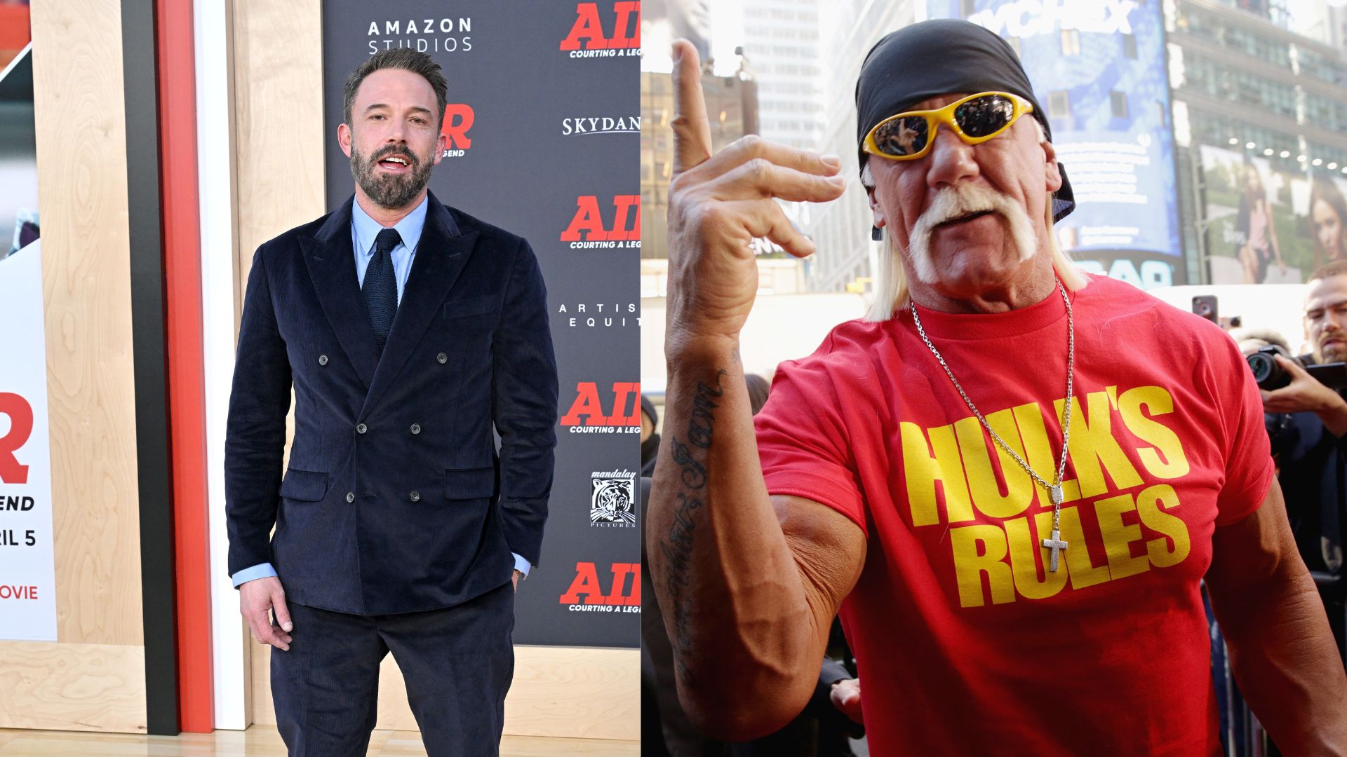 Links: Ben Affleck bei den Amazon Studios Weltpremiere von "AIR" 2023 Rechts: Der Wrestler Hulk Hogan nimmt an der Pressekonferenz zu WrestleMania 30 im Hard Rock Cafe New York am 1. April 2014 in New York City teil