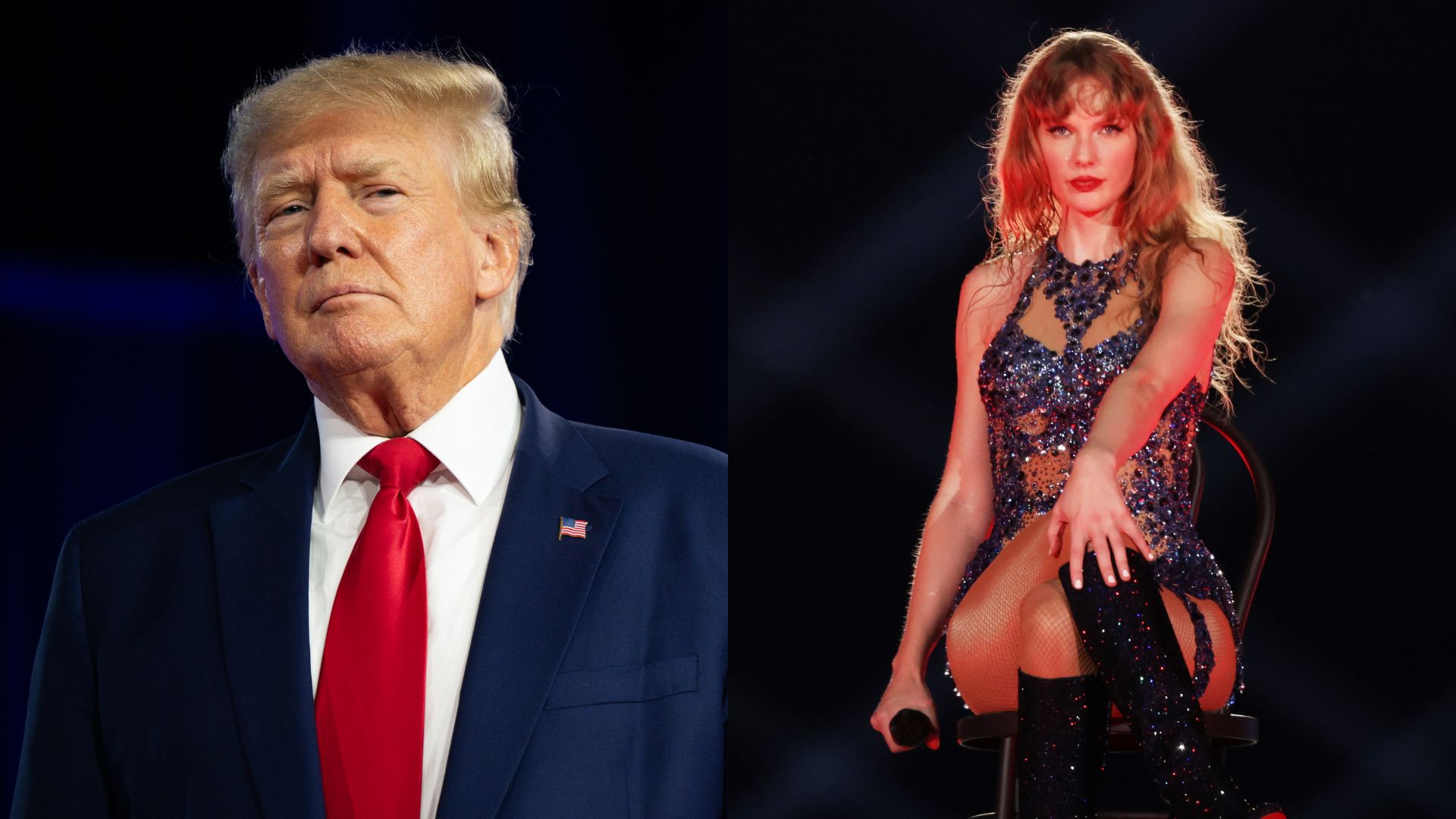 Links: Der ehemalige US-Präsident Donald Trump spricht auf der Conservative Political Action Conference (CPAC) im Hilton Anatole am 06. August 2022 in Dallas, Texas; Rechts: Taylor Swift tritt während der „Taylor Swift | The Eras Tour“ im National Stadium am 02. März 2024 in Singapur auf