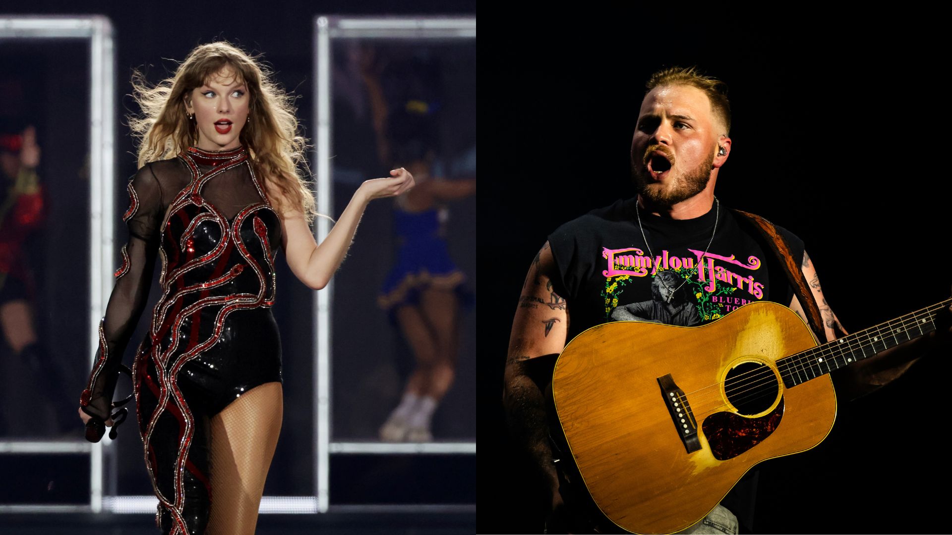 Links: Taylor Swift tritt während der „The Eras Tour“ in Singapur auf; Rechts: Zach Bryan tritt während der Quittin Time Tour in Nashville auf