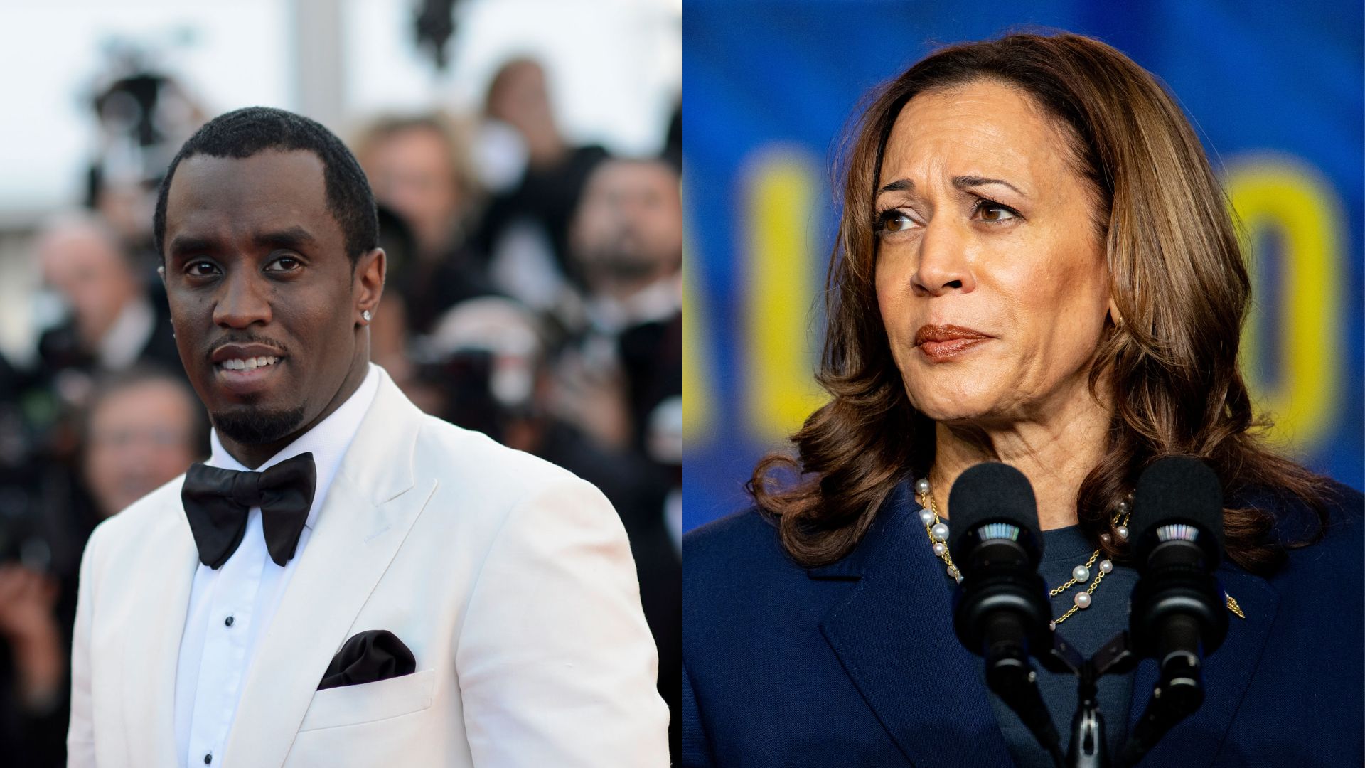 Links: Sean Combs besucht die Premiere von „Killing Them Softly“ während der 65. jährlichen Filmfestspiele von Cannes am 22. Mai 2012, Rechts: Kamala Harris hält eine Rede während der 60. internationalen Biennale am 31. Juli 2024 in Houston