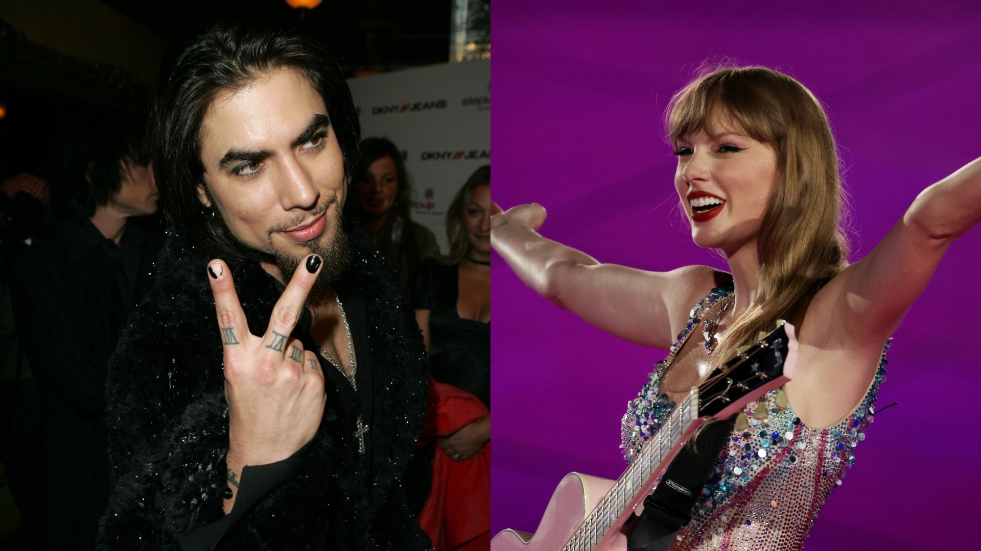 Links: Dave Navarro während DKNY Jeans präsentiert Vanity Fair „In Concert“ zugunsten von Step Up Women's Network, Rechts: Taylor Swift tritt während der „Taylor Swift | The Eras Tour“ am 2. März 2024 im Nationalstadion in Singapur auf