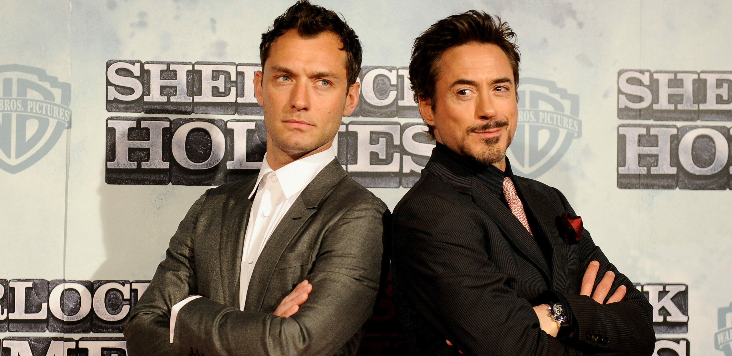 Jude Law (l.) und Robert Downey Jr auf der „Sherlock Holmes“-Premiere in Madrid, 2010