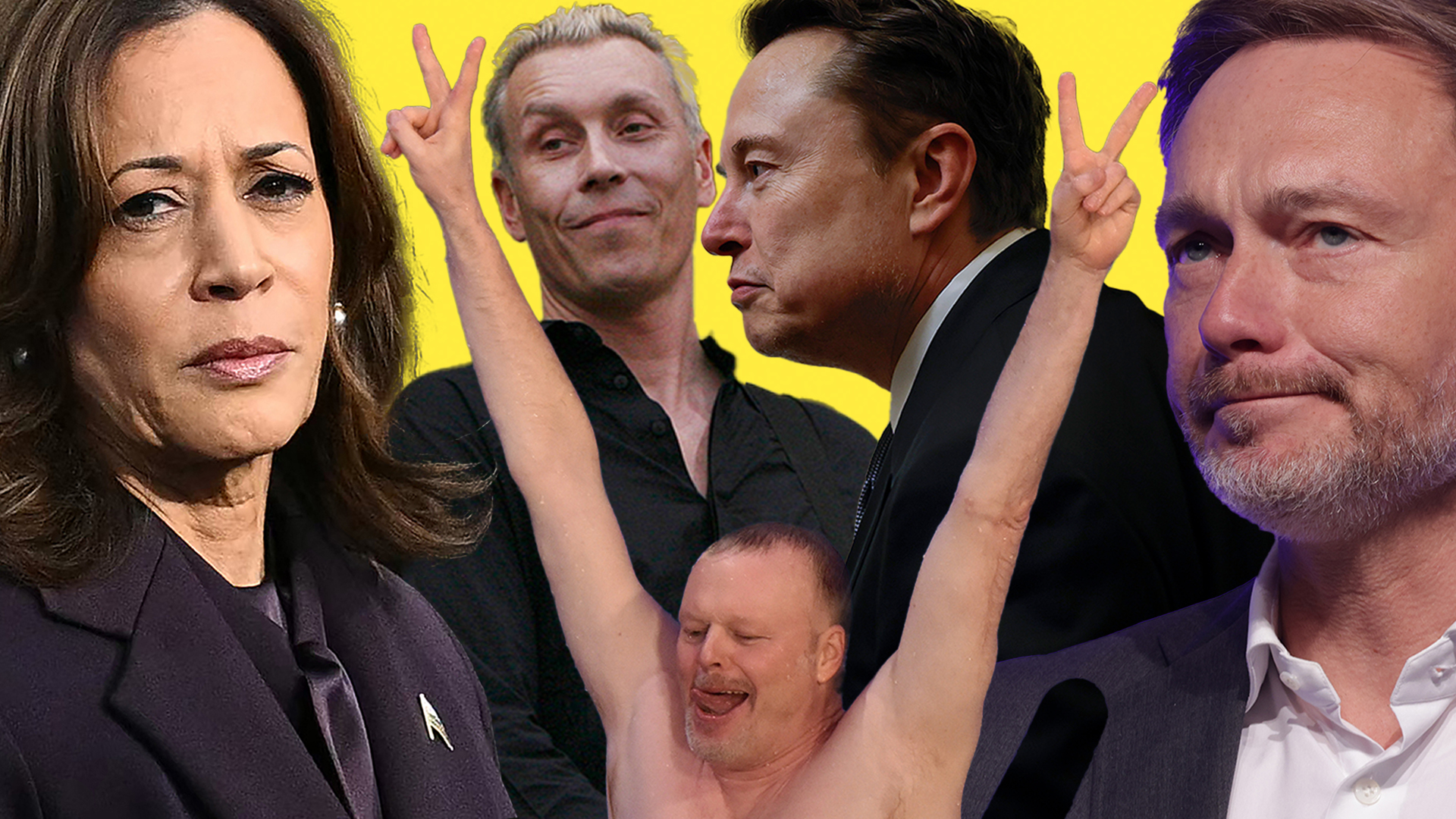 Hinten v.l.: Farin Urlaub, Elon Musk Vorne v.l.: Kamala Harris, Stefan Raab, Christian Lindner